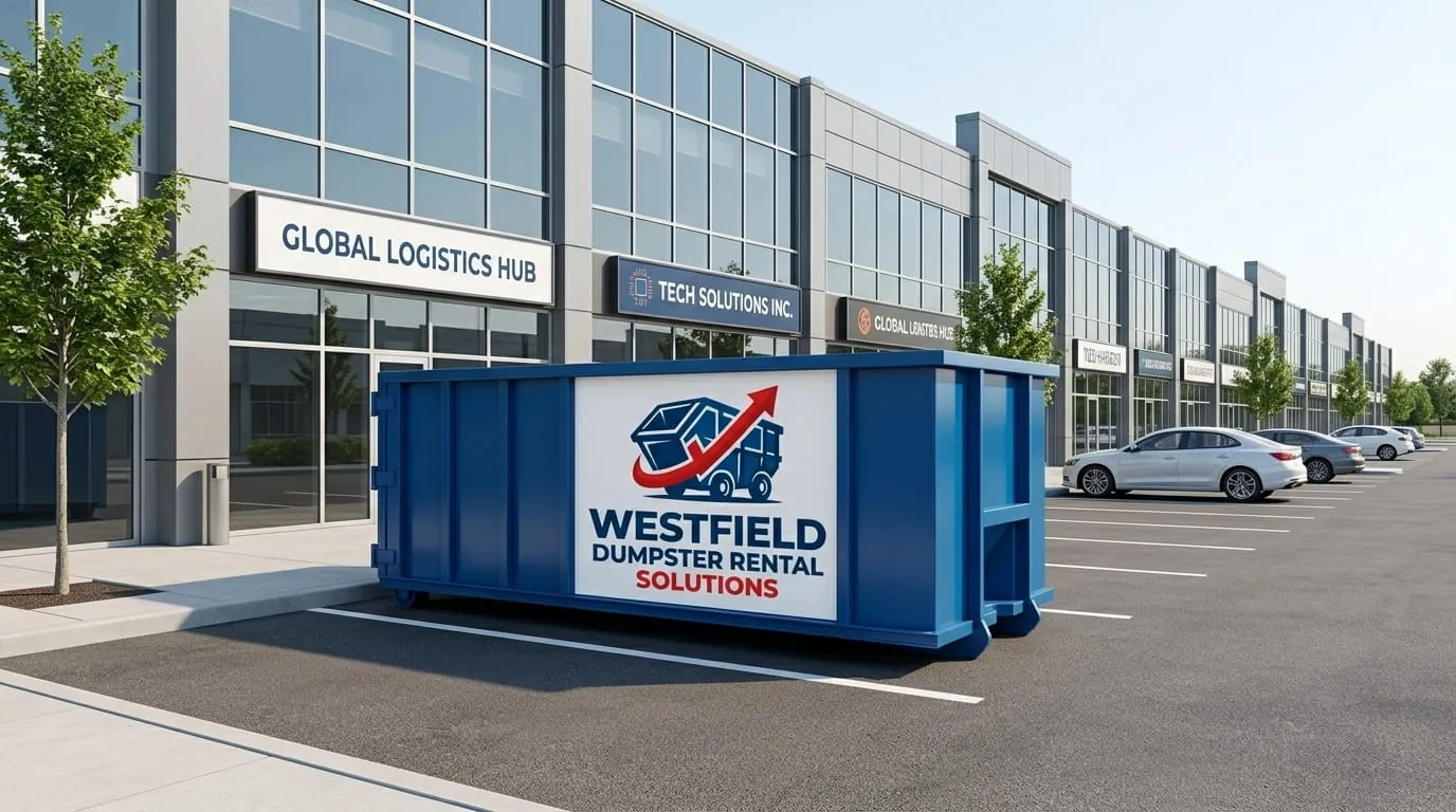 Commercial roll-off container at a business park in Westfield, Massachusetts Commercial roll-off container at a business park in Westfield, Massachusetts