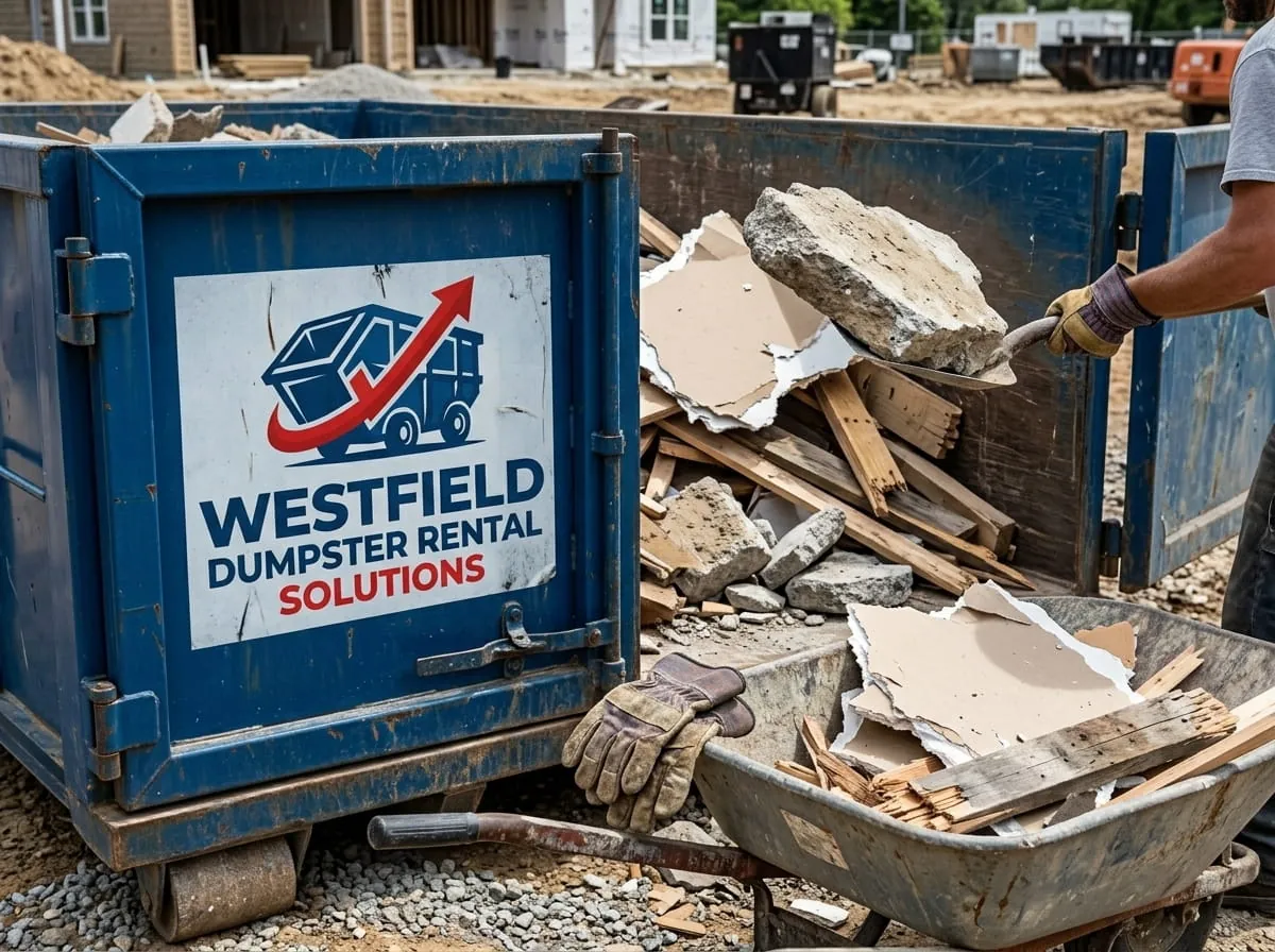 Broken masonry and rubble being loaded into a roll-off container in Westfield, Massachusetts