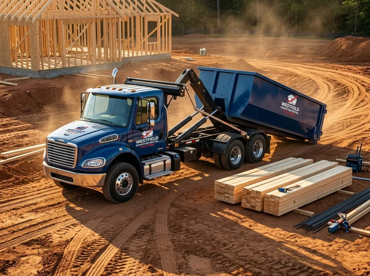 Roll-off truck delivering a container to a framing site in Westfield, Massachusetts Roll-off truck delivering a container to a framing site in Westfield, Massachusetts