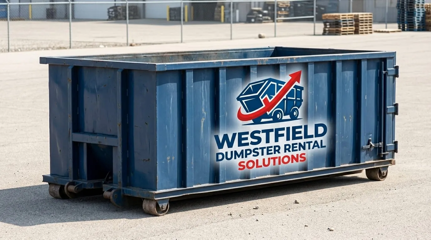 Red roll-off dumpster in service on a job site in Westfield, MA Red roll-off dumpster in service on a job site in Westfield, MA