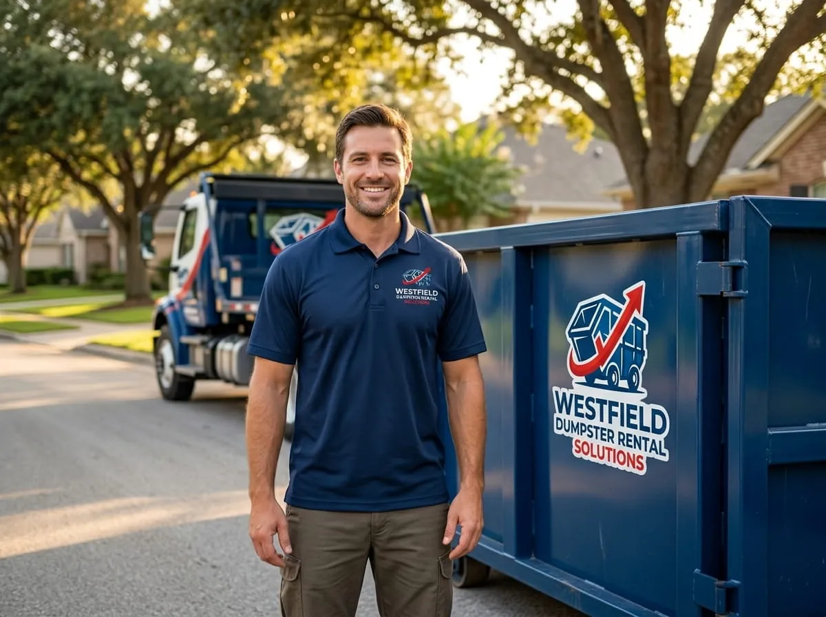 The Westfield Dumpster Rental Solutions crew standing beside a roll-off truck and red dumpster in Westfield, MA The Westfield Dumpster Rental Solutions crew standing beside a roll-off truck and red dumpster in Westfield, MA