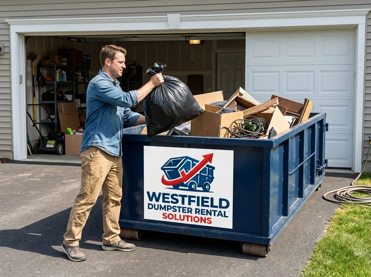 Homeowner loading a bag of household junk into a roll-off dumpster in Westfield, Massachusetts Homeowner loading a bag of household junk into a roll-off dumpster in Westfield, Massachusetts